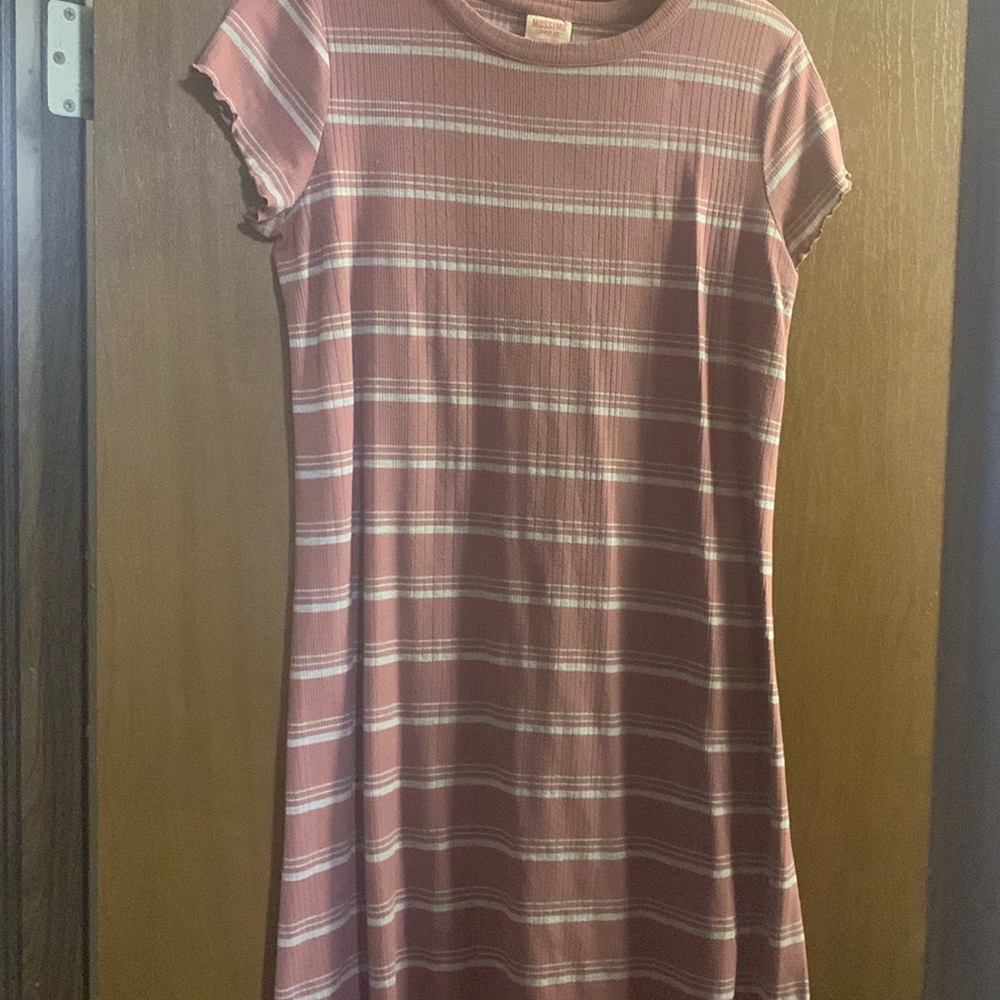 Maeve and gray striped dress